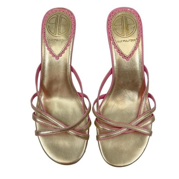 LILLY PULITZER Gold & Pink Trim Metallic Italian Leather Chunky Heeled sandals - Picture 1 of 4